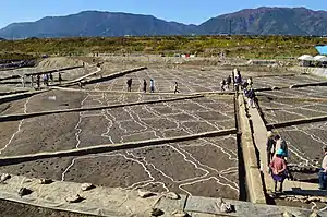 弥生時代前期の小区画水田遺構の例中西遺跡（奈良県御所市）2019年（令和元年）11月発掘調査時。大畦畔（画像左端：手前から奥方向）の区画内（右側）において、幹線小畦畔（手前から奥方向）・支線小畦畔（左右方向）で水田群が区画される。