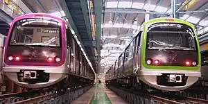 ベンガロール・メトロの車輌。パープルライン用とグリーンライン用