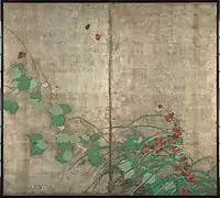 酒井抱一『風雨草花図』(左隻)。和歌や日本美術の世界において、葛は主要な秋草のひとつであった。