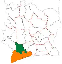 ナワ州(緑)と低サッサンドラ地方(緑+橙)