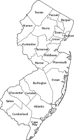 The shape of New Jersey divided by black lines into the different counties. Larger counties are in the center and northwest, with smaller counties in the northeast; see the list for details.