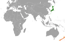 JapanとNew Zealandの位置を示した地図