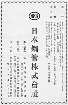 楕円の中にNKKの日本鋼管のマークと会社名と商品の種類と住所