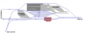 新潟貨物ターミナル駅構内配線図。青色の線は本線（着発線を含む）、黒色の線は側線。一部の側線は省略。矢印の方向が列車の進入可能方向。