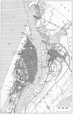 1930年頃の新潟市の地図初代新潟駅の位置と当時の線路位置がわかる。後に現在の越後線関屋駅 - 新潟駅間の線路となる貨物支線はまだない。