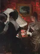 「ランプシェードの近くで」(ca.1880)