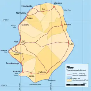 ニウエの全ての村を示した行政地図