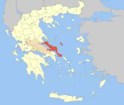 中央ギリシャ地方におけるエヴィア県の位置