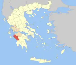 西ギリシャ地方におけるイリア県の位置