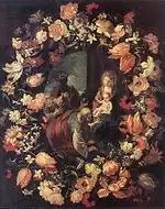 花環の中に描かれた東方の三博士(1654)