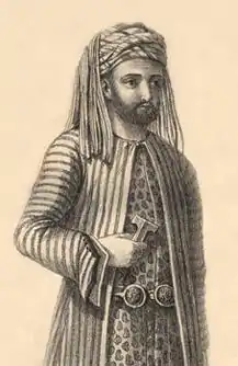 Drawing of bearded man in flowing clothing and hat