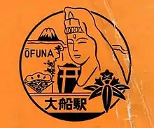 1958年11月1日、大船駅70周年記念に作成された駅スタンプ。大船観音、鎌倉市章、松竹大船撮影所のマーク、瑜伽洞(田谷の洞窟)と鳥居があしらわれている。大船観音(当時未完成)は民営化後の駅スタンプにも継承されている。