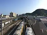 併設されている車両基地。右側は近江鉄道ミュージアム跡地(2020年6月)