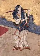 『阿國歌舞伎圖屏風』に描かれた、安土桃山時代の芸能者、出雲阿国(慶長年間の作)朱鞘の刀に下緒を緩く巻いていることが判る(人物部分の抜粋)