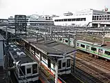 大栄橋から望む駅構内手前から東武野田線、JR在来線、新幹線のホームが並び、新幹線下に潜り込む形でニューシャトルのホームがある。