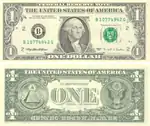 米国通貨数種の肖像になっているジョージ・ワシントン。そのうちの1957年1ドル紙幣。裏面の図柄は米国の国璽。