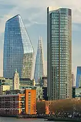 手前背の低い古いビルがOxo Tower、左側がOne Blackfriars, 背景真ん中がイギリス一の高さのThe Shard、右がSouth Bank Tower。Waterloo Bridgeから見る。