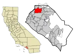 カリフォルニア州におけるオレンジ郡(左図)およびフラートンの位置の位置図