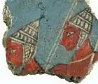 紀元前1300年頃のイノシシの牙の兜をかぶった戦士を描いた壁画