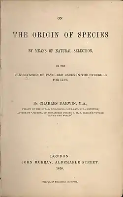 1859年の初版 On the Origin of Species by Means of Natural Selection, or the Preservation of Favoured Races in the Struggle for Life の表紙