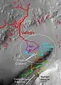 地形の特徴とMSLの着陸地点、その移動予定経路。