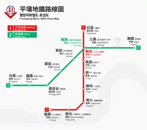 平壌地下鉄路線図(緑の線が革新線)