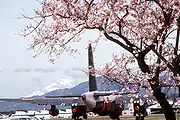 厚木基地にて後方より撮影されたP-2J手前には櫻が、遠方には丹沢山地と富士山が写っている1984年春の撮影