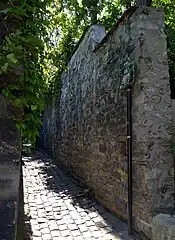 アンカラ通りからベルトン通りへの入り口 (Entrée de la rue, côté rue d'Ankara)。パリで最も道幅が狭いうちの一つ5区シャ・キ・ペシュ通り (Rue du Chat-qui-Pêche) 同様に1m70～80cmの箇所がある。