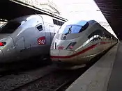 左:パリ東駅に停車中のTGVとICE;右: パリ東駅駅舎
