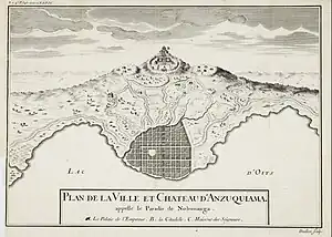 表紙絵に用いられたシャルルボワ(英語版)の『Histoire et Description Generale du Japon』の一図(1736)