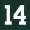 A white number 14 with a green background.