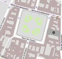 ヴォージュ広場 (Place des Vosges) の位置。同広場北側を東西に走るフラン＝ブルジョワ通りが3区との区境になる。