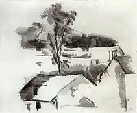 ウォッシュ法を使ったブラシとインクの風景スケッチ、ポール・セザンヌ、（1888〜90）