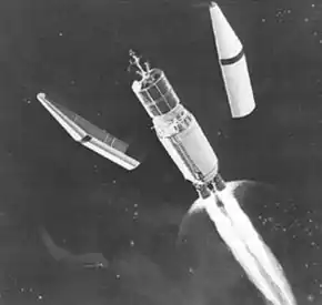 ロケット上段部と投棄されるペイロードフェアリングのイメージ