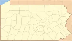 A map of Pennsylvania with a red dot near the northern central portion of the state.