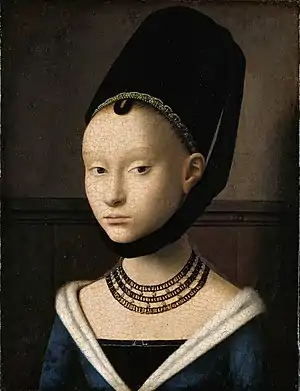 ペトルス・クリストゥスの『若い女の肖像』。切形のエナンは1460年代にネーデルラントで流行した