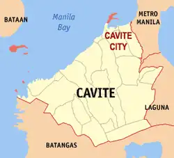 Map of Cavite showing the location of Cavite City.