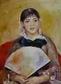 『扇を持つ女性(フランス語版)』1881年。油彩、キャンバス、65 × 50 cm。エルミタージュ美術館。第7回印象派展出品。