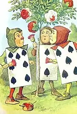 スペードの2と5と7は、白い薔薇の花を赤く塗り替えて間違いを誤魔化そうとしていた。早くしないと女王が来るというのに3枚は言い争ってばかり。