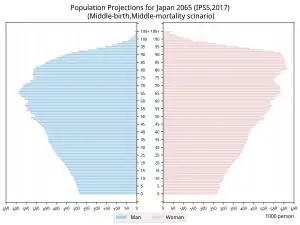 出生率中位・死亡率中位シナリオにおける2065年の人口ピラミッド予測（国立社会保障・人口問題研究所,2017年）