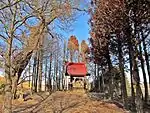 岩沼市寺島地区の湊神社境内左側の土手が阿武隈川になる