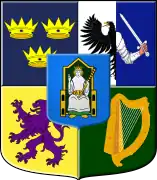 アイルランドの地方紋章（中央にはミドの紋章があり、4分の3にはヒュー・ド・レイシー（1205年から1243年までのアルスター伯爵）の紋章があり、アルスターを象徴している