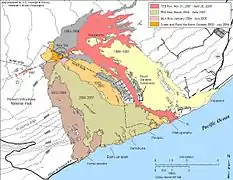 プウ・オオ火口からの溶岩流の分布図（2003-2007年）。