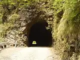素掘のトンネル「大釜隧道」。現役の国道トンネルとしては非常に珍しい、掘りっぱなしの素掘りトンネルである。