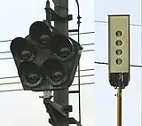 特殊信号発光機。左は回転形(I形)、中は点滅形(II形)。回転形が発光すると右の画像のようになる。