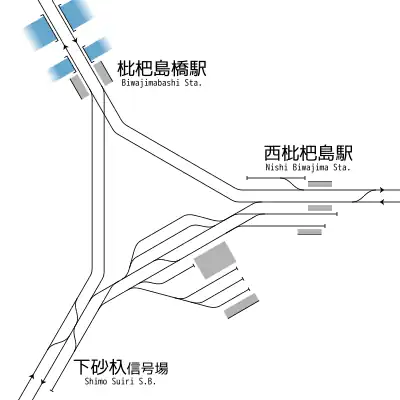 枇杷島橋駅・西枇杷島駅 構内配線略図（1943年）