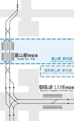 富山駅停留場電鉄富山駅・エスタ前停留場構内配線略図