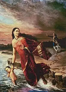 『子供を連れて天に戻ったガンガー』（ラヴィ・ヴァルマ/画、1890年）