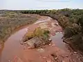 ダブル・マウンテン・フォーク・ブラゾス川に沈む崩れた橋。かつてのラスシティ市内にて