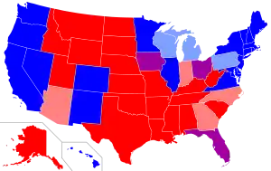 2008年から2020年までの大統領選挙における州ごとの投票傾向を赤（共和党）と青（民主党）の色比率で表示。